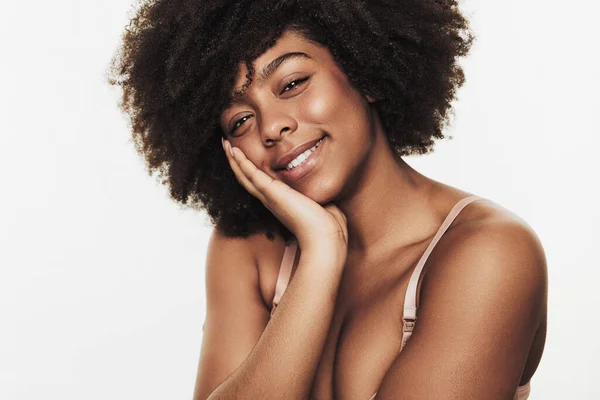 Optimistic African American Female Curly Hair Smiling Looking Camera White — Foto de Stock