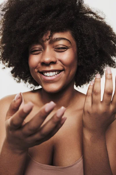 Cheerful African American Female Afro Hairstyle Laughing Gesturing White Background — Foto de Stock