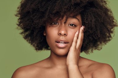 Beautiful African American female face with curly hair touching face and looking at camera isolated on green background