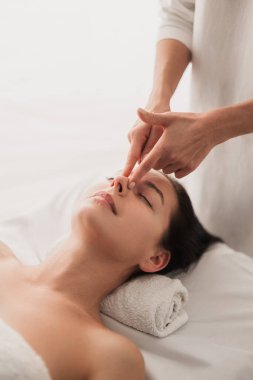 High angle of crop therapist rubbing nose of calm woman during face massage session against white background in spa salon