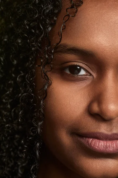 年轻的非洲裔美国女模特儿 卷曲深褐色的头发 完美而光滑的脸 看着相机 — 图库照片