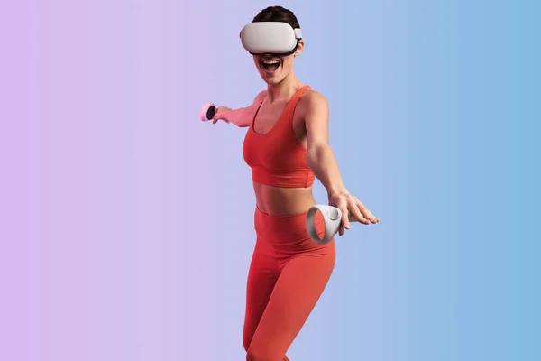 Happy Young Fit Female Athlete Sportswear Virtual Reality Goggles Standing — Stock Photo, Image