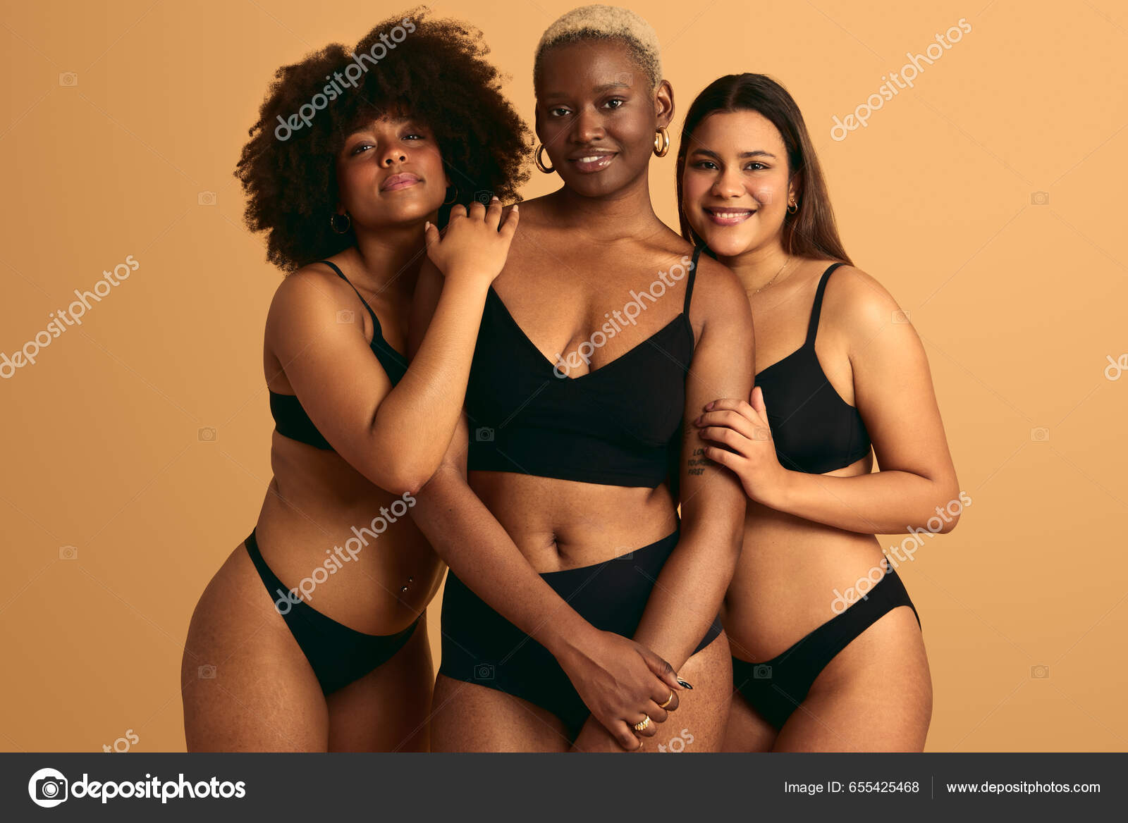 Cheerful Young Multiethnic Female Models Black Underwear Smiling