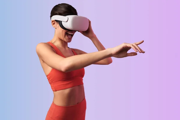 Side View Young Female Goggles Interacting Virtual Reality Gradient Blue — Stock Photo, Image