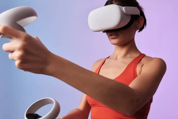 Young Female Wearing Headset While Interacting Virtual World Using Controllers — Stock Photo, Image