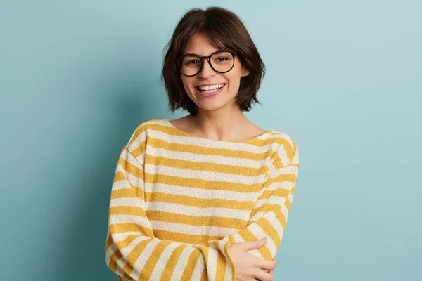 Happy Young Female Student Eyeglasses Yellow Striped Sweater Standing Crossed — Stock Photo, Image