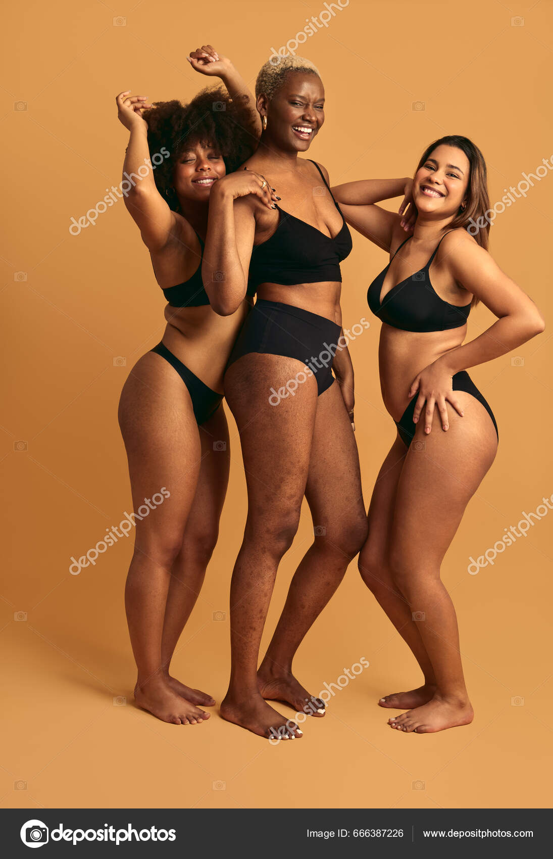 Full Body Happy Young Multiracial Female Models Black Lingerie