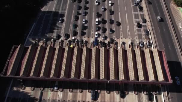 Aerial Shot Highway Tolls Traffic Jam Busy Day Multiple Cars — Stockvideo