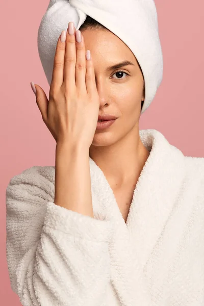 Young Female Bathrobe Towel Head Covering Face Shower Looking Camera — Stock Photo, Image
