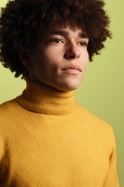 Sarı kazaklı, Afro saçlı, yeşil arka planlı ciddi bir erkek model. Dikey portre