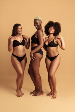 Siyahi iç çamaşırlı, bej arka planda dikilirken kameraya bakan etnik çeşitliliğe sahip genç kadınlardan oluşan bir vücut.