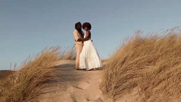 穿着时髦衣服的非洲男人和穿着白色夏装的女人 日落时在沙丘上拥抱在一起 在沙漠里相爱的黑人夫妻互相拥抱 — 图库视频影像
