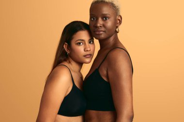 Stüdyoda bej arka planda yan yana dururken siyah iç çamaşırlı çeşitli kadın modellerin kameraya bakması.