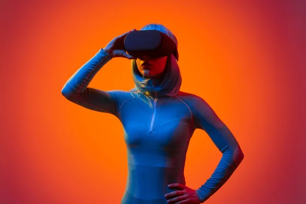 Young Female Goggles Wearing Futuristic Clothes Blue Hair Neon Orange — Stock Photo, Image