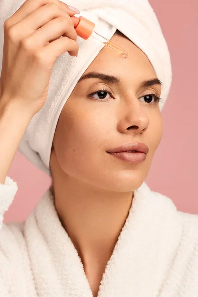 Confident Young Female Perfect Skin White Bathrobe Towel Head Applying — Stock Photo, Image