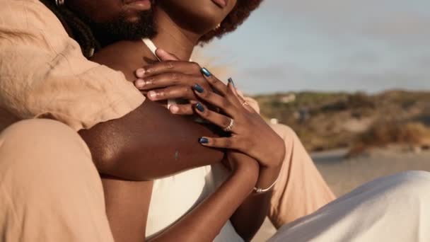 亲密的拥抱 当男人从背后亲切地拥抱他的伴侣时 一对手牵手相爱的非洲裔美国夫妇 — 图库视频影像