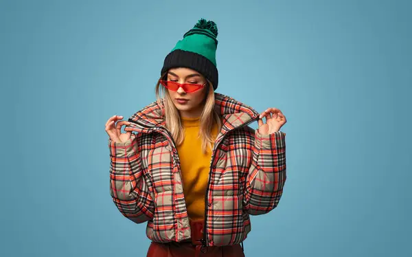 Serious Female Red Sunglasses Wearing Trendy Checkered Jacket Hat While — Stock Photo, Image