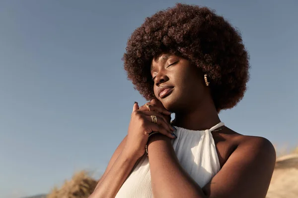 아프로 스타일과 아프리카계 미국인 여성의 자연과 하늘에 햇빛에 손으로 로열티 프리 스톡 이미지