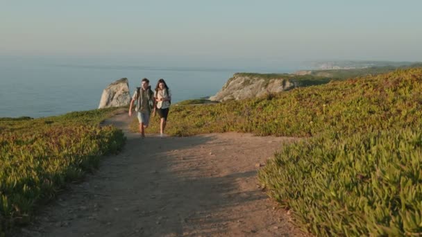 一对背着背包的年轻夫妇走在风景秀丽的海滨小径上 用电话查询航行路线 — 图库视频影像