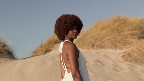 カーリーヘアでアフリカの女性を魅了し 白いドレスを着て 砂浜の背景に対してカメラを愛情を持って見つめます — ストック動画