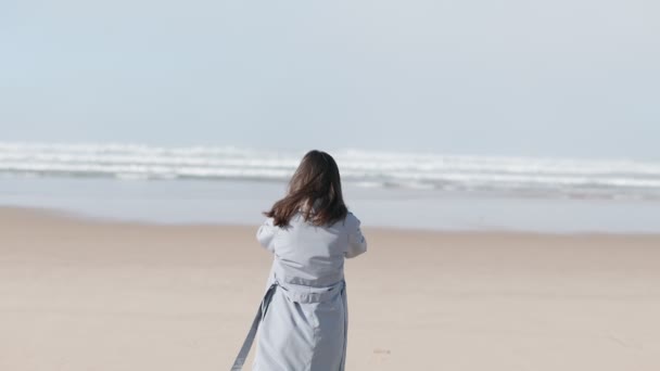Niezidentyfikowana Młoda Kobieta Widziana Tyłu Płaszczu Spaceruje Samotnie Plaży Kierunku — Wideo stockowe