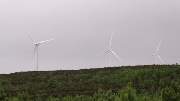 曇りと風の強い天候の中で緑の丘の上に再生可能エネルギーを生成する複数の風力タービン — ストック動画