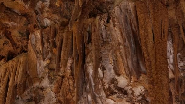 Urzekające Ujęcie Panoramiczne Ukazujące Naturalne Piękno Stalaktytów Przestronnej Podziemnej Jaskini — Wideo stockowe
