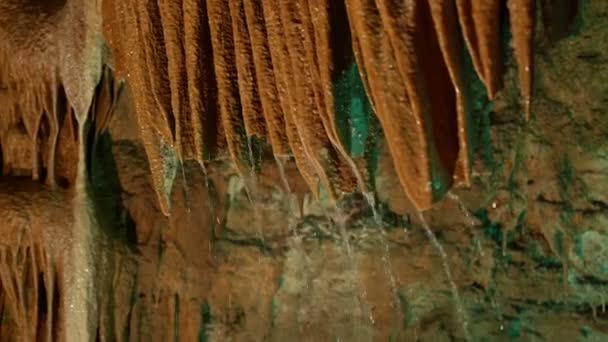 Närbild Vatten Kaskad Ner Stalaktiter Lugn Grotta Inställning Belysa Naturens — Stockvideo