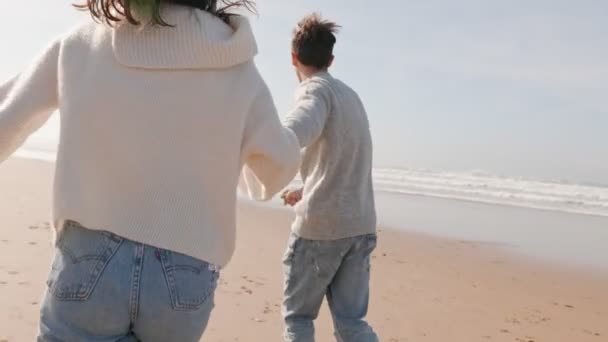 カジュアルなウェアで楽しい若いカップルのバックビュー 晴れた日の海に向かって空のビーチで手を動かし 自由と幸せを表現 — ストック動画