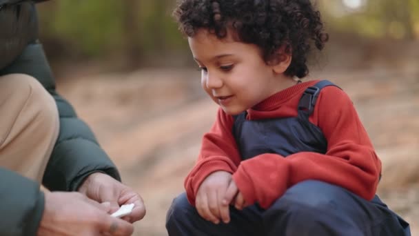 Bir Babanın Yapımı Origami Teknesinin Açıcı Bir Sahnesi Oğlu Hevesle — Stok video