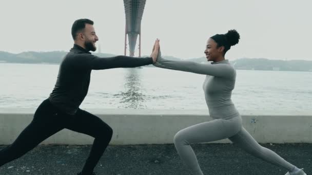 African American Woman Caucasian Man Activewear Engage Personal Training Session — Stock Video