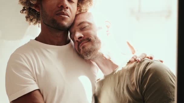 愛する2人の男性が自宅で抱擁し 暖かい日光で窓の近くに柔らかい瞬間を示し 愛と人間関係の多様性を示しています — ストック動画