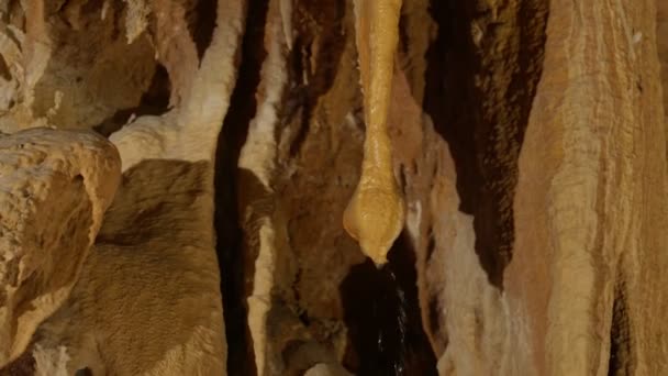 Närbild Fånga Klart Vattenflöde Över Texturerade Stalaktiter Mystisk Underjordisk Grotta — Stockvideo
