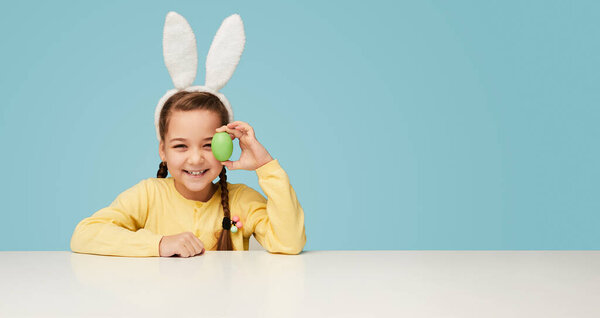 Expressive Child Girl Wearing White Bunny Ears Covering Eye Colored Royalty Free Stock Photos