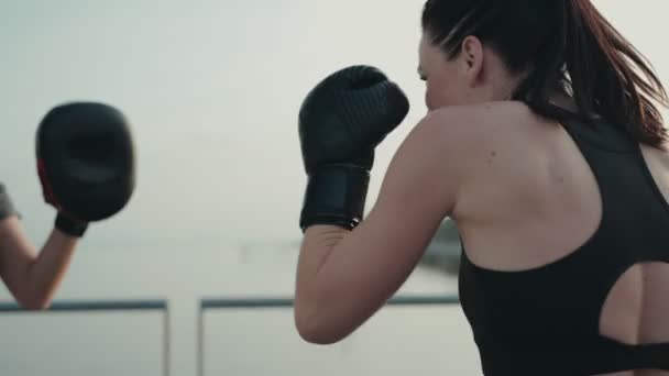 野外でボクシングのトレーニングに従事する2人のアスリート 1人の女性がパンチし もう1人は穏やかなウォーターフロント設定でパッドを保持します — ストック動画