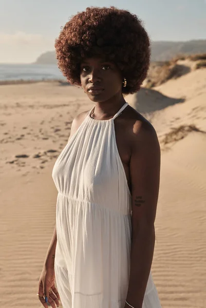Junge Afroamerikanerin Mit Afro Frisur Und Sommerkleid Blickt Die Kamera Stockbild