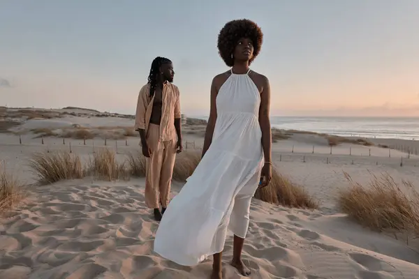 아프로 스타일과 드레스와 심각한 아프리카계 미국인 커플을 구름이 하늘과 바닷물에 스톡 이미지