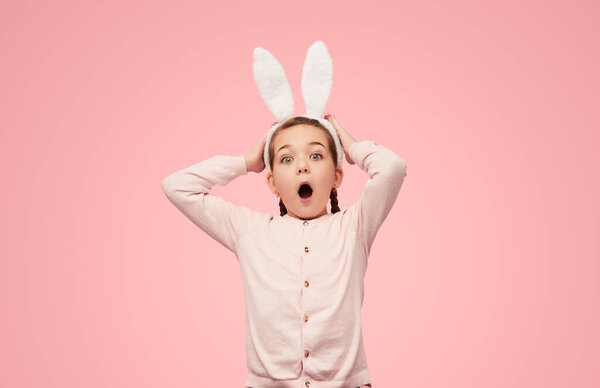 Bright Little Girl Braids Bunny Ears Holding Hands Head Screaming Royalty Free Stock Photos