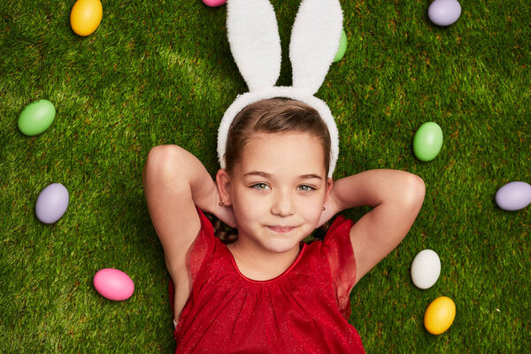 Charming Girl Wearing Fluffy Bunny Ears Lying Dreamily Green Grass Stock Image