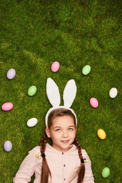 Charming Girl Wearing Fluffy Bunny Ears Lying Dreamily Green Grass Stock Picture
