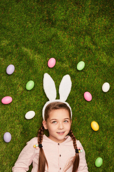 Charming Girl Wearing Fluffy Bunny Ears Lying Dreamily Green Grass Stock Photo