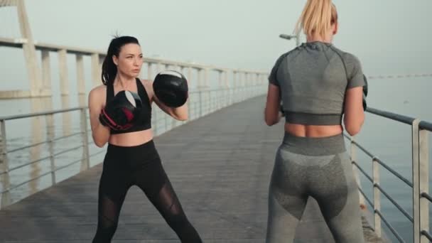 Дві Спортсменки Беруть Участь Тренуванні Боксу Сонячному Набережному Мосту Демонструючи — стокове відео