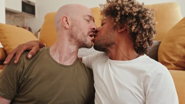 同性カップルの間で愛情深く穏やかなキス 彼らの居心地の良い家の設定で愛と親密さを強調 — ストック動画