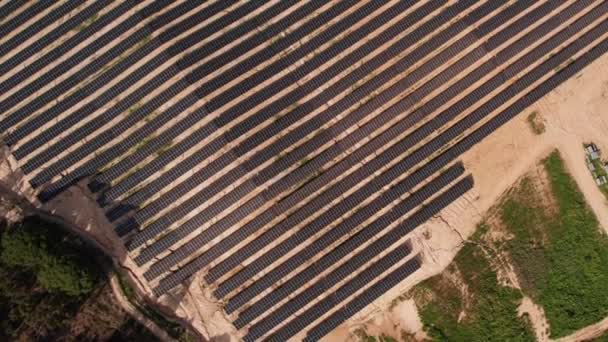 可持续太阳能发电厂场址正在建造的对称太阳能电池板阵列的自上而下空中透视 — 图库视频影像