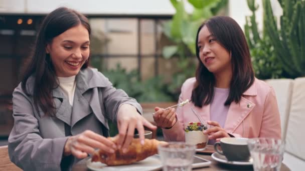 ファッショナブルな2人の若い女性 アジア人とコーカサス人は スタイリッシュなレストランで豪華な朝食を楽しんで 食事の共有 — ストック動画