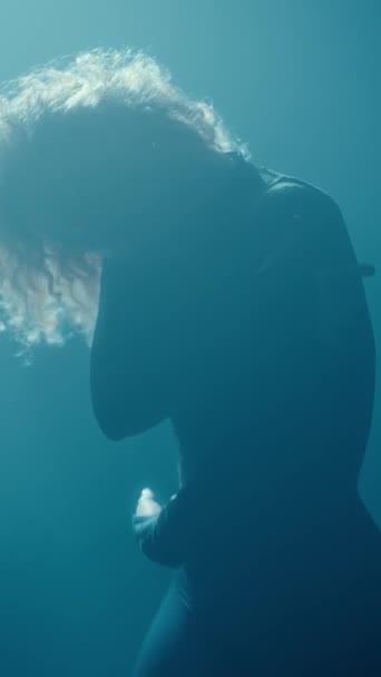 Egy Elegáns Sziluettje Csábító Pózban Ábrázolva Lágy Kék Fényben Fürödve — Stock videók