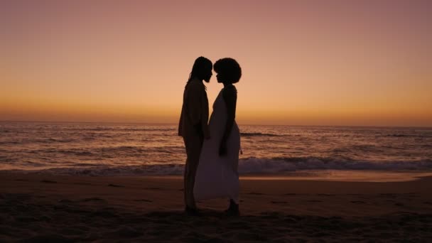 亲密的一刻 一对非洲夫妇在海滩上拥抱 他们的轮廓映衬着夕阳的天空 象征着爱情 温暖和联系 — 图库视频影像