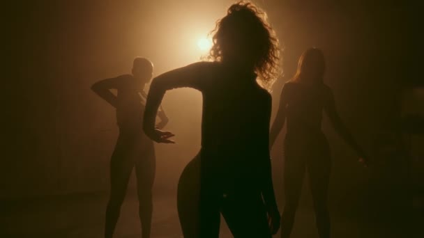 Tre Giovani Donne Catturate Mentre Silhouette Eseguono Una Danza Sensuale — Video Stock