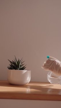 Mavi bir bezle ahşap bir rafı temizleyen koruyucu eldivenli bir elin yakın çekimi, temiz bir alan yaratıyor..