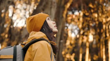 Alçak açıdan bakıldığında, bereli ve sırt çantalı genç bir kadın, sonbahar ormanlarında yürürken, maceranın ruhunu ve mevsimin güzelliğini somutlaştırıyor..